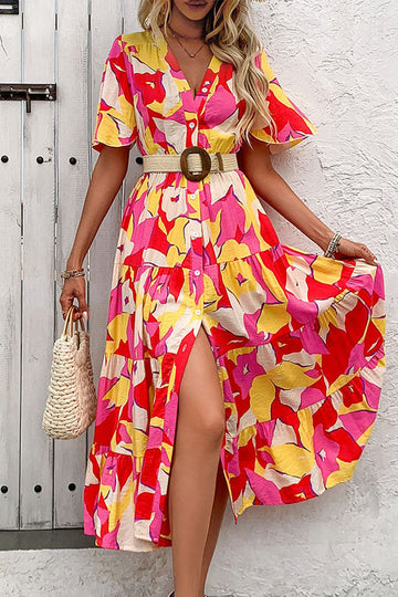 Floral Printed Fuchsia A Line Summer Dress with Belt